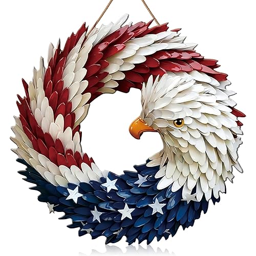 Marsui Metal Eagle Wreath for Front Door 4th of July Decorations Patriotic Eagle Door Hanger Sign 2D Memorial Day 250th Anniversary Decor Outdoor Red White Blue American Hanging Sign for Wall Window