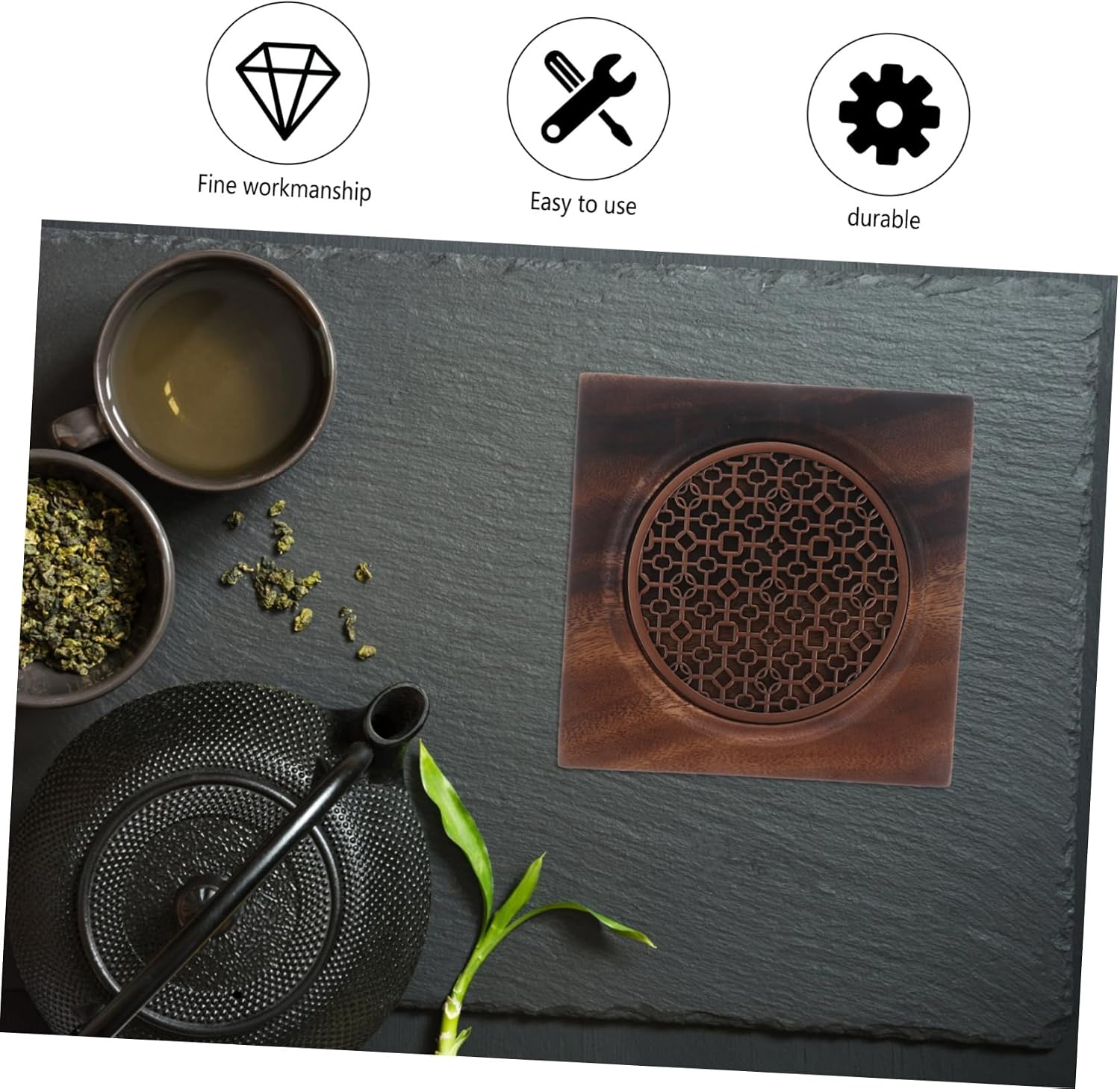 Wooden Teapot Holder Tea Coaster with Copper Accent for Home