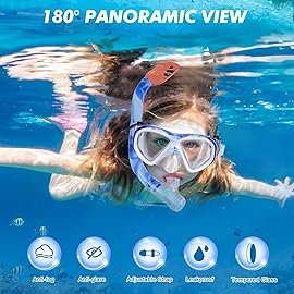 Kids Snorkel Set, Children Anti-Fog Diving Mask Swimming Goggles Full Dry Top Snorkel Equipment Snorkeling Packages Swimming Gear for Youth Boys Girls Age 5-10 (Blue White)