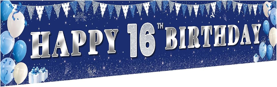 16th Birthday Decorations for Boys & Girls 10ft "HAPPY 16TH BIRTHDAY" Blue 16th Birthday Banner Large Happy 16th Birthday Backdrop for Indoor, Yard, Fence or Garage Door 118"x20"