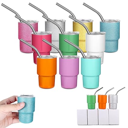 Needbrock 10 Pcs Mini Tumbler Shot Glass with Straw, 2oz Sublimation Shot Glass Tumblers Set Stainless Steel Double Wall Vacuum Insulated Shot Glasses Cups for Cocktail Coffee Whiskey Beer