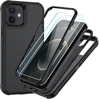 SunStory Compatible with iPhone 12/12 Pro Case with HD Screen Protector, 3-Layer Heavy Duty Full-Body Cover,3 in 1 Hybrid Protective Case for iPhone 12/12 Pro 6.1", Black