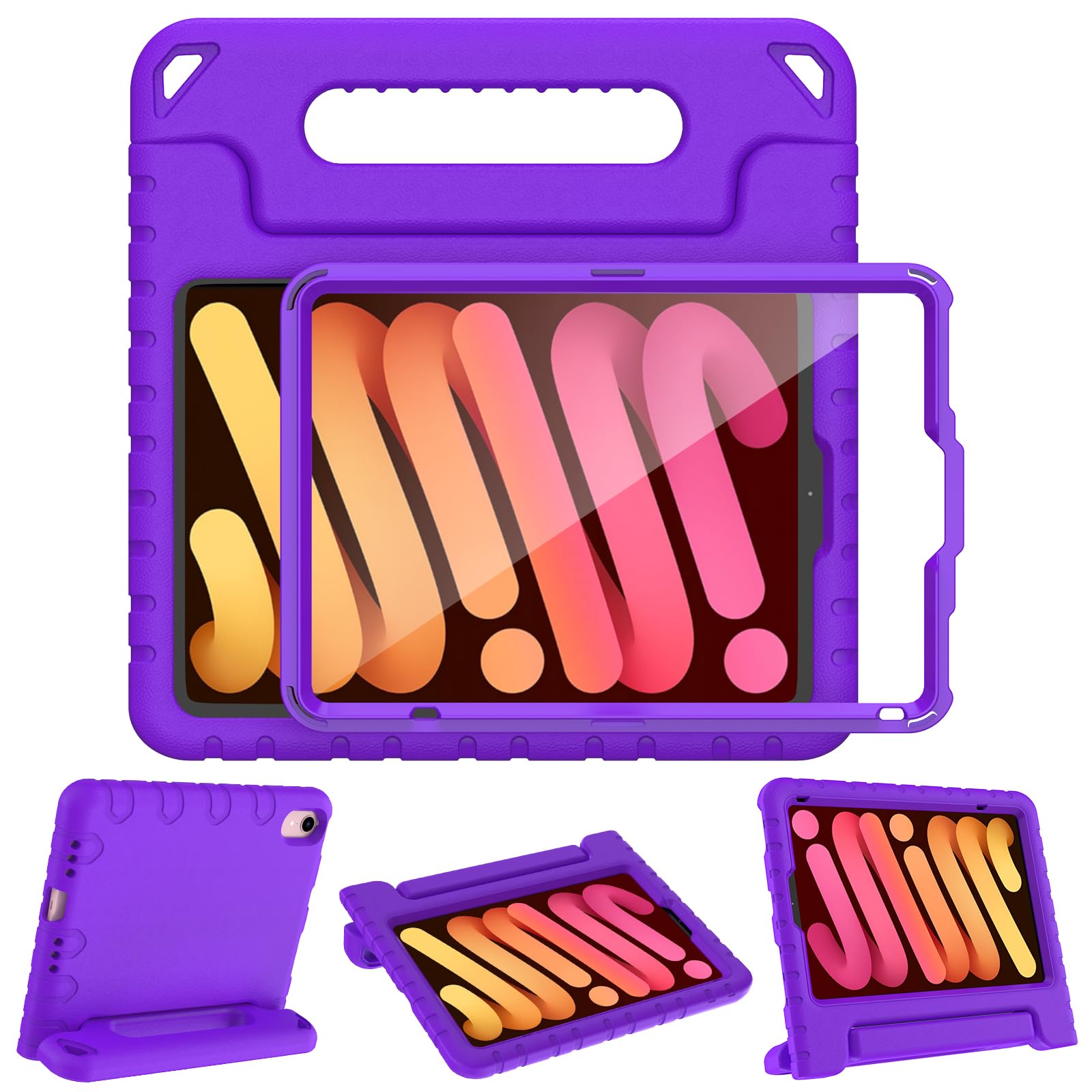 AVAWO Kids Case for iPad Mini 7 (A17 Pro) 2024 8.3 inch, Mini 6 2021 with Built-in Screen Protector, Shockproof Lightweight Handle Stand Cover for