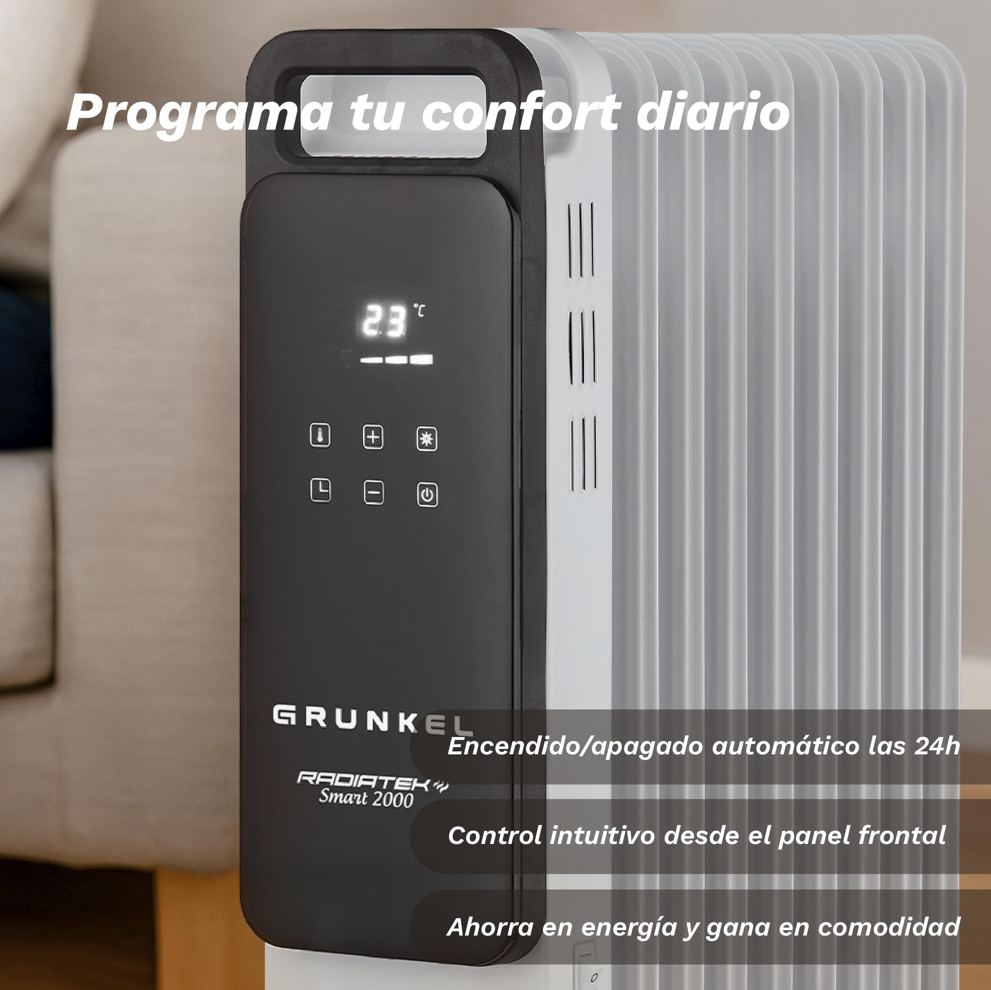 Radiador de Aceite GRUNKEL RD-2500PRO 2500W | 11 Elementos de Calor | Wi-Fi Integrado | Conectividad inteligente | Panel Táctil | Modo ECO | Programación 24H | Protección Antivuelco (2500W)