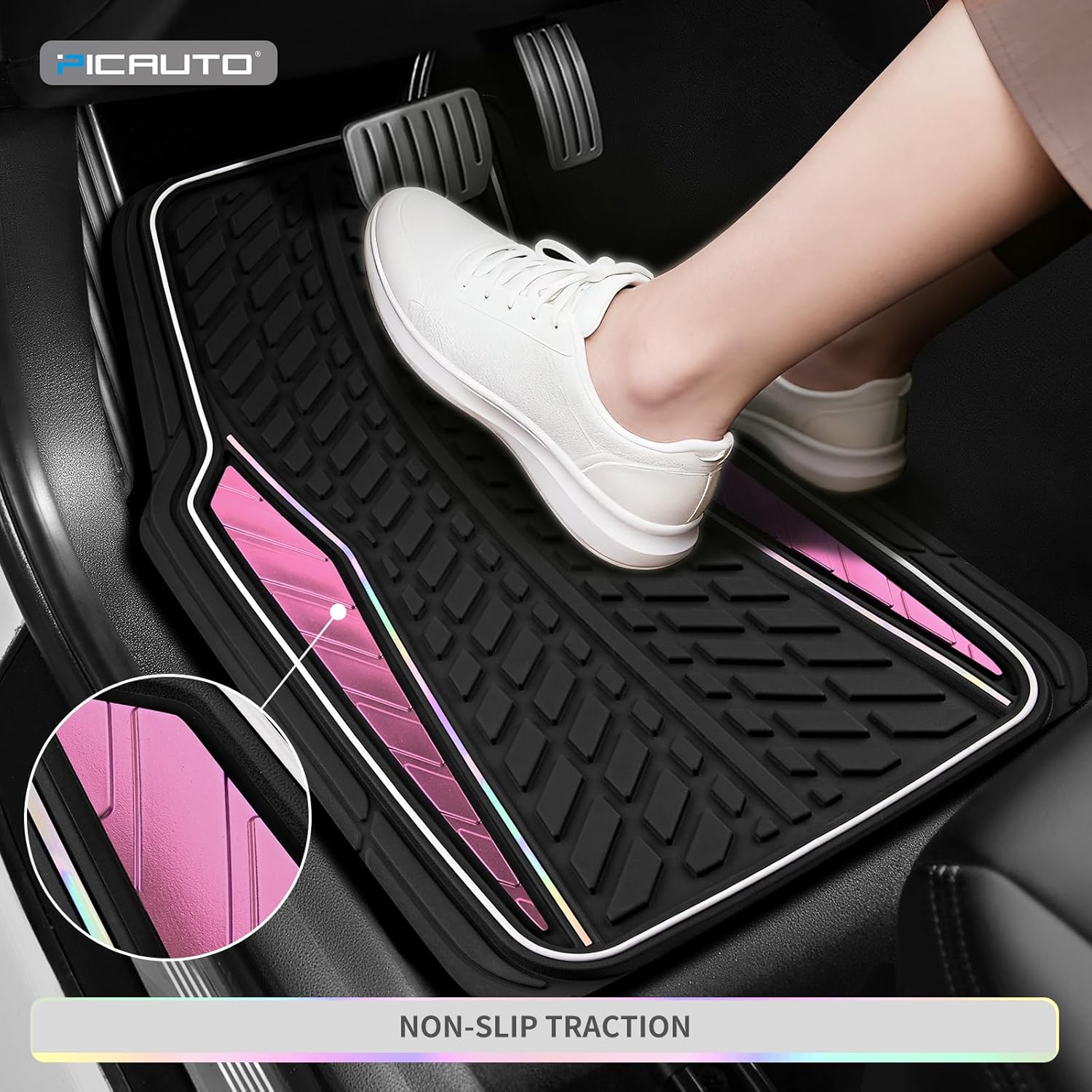 PIC AUTO Car Floor Mats, Pink Aluminum-Molded with Full-Circle Iridescent Inlay Strip Car Mats, Universal-Fit Rubber Mats for Cars, Trucks & SUVs, All-Weather, Non-Slip, Easy-to-Clean Interior Mats - Image 5
