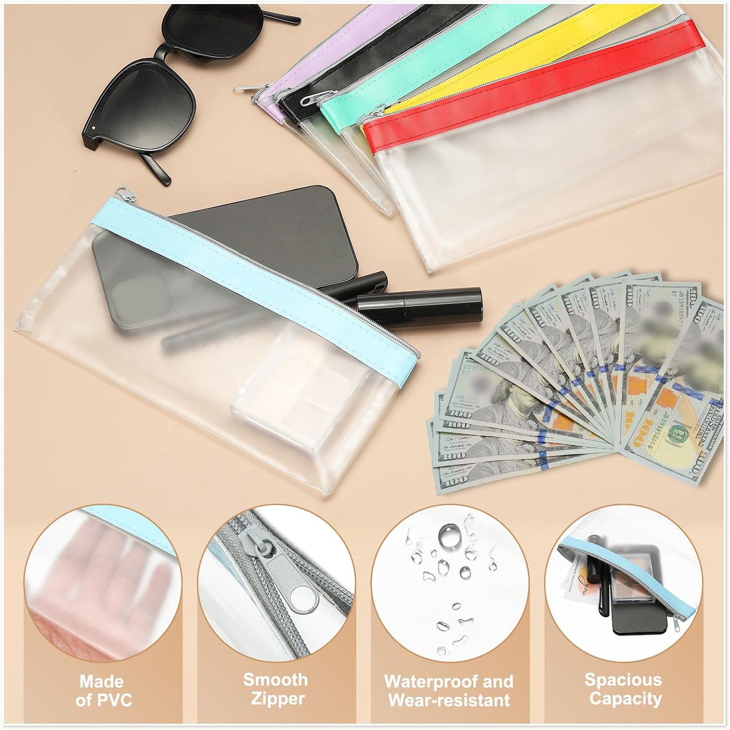 PATIKIL 8.7x3.9 Inch Money Bags with Zipper, 6 Pcs Clear PVC Cash Deposit Bank Pouch Envelopes Makeup Bag Check Wallet for Coin Cosmetics Bill, Beige image 3