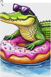 Fuzquwu Alligator Donut Pool Float Print 24x16IN Golf Towel, Microfiber Towel with Carabiner Clip,Essential Golf Accessories for Cleaning Clubs and Balls