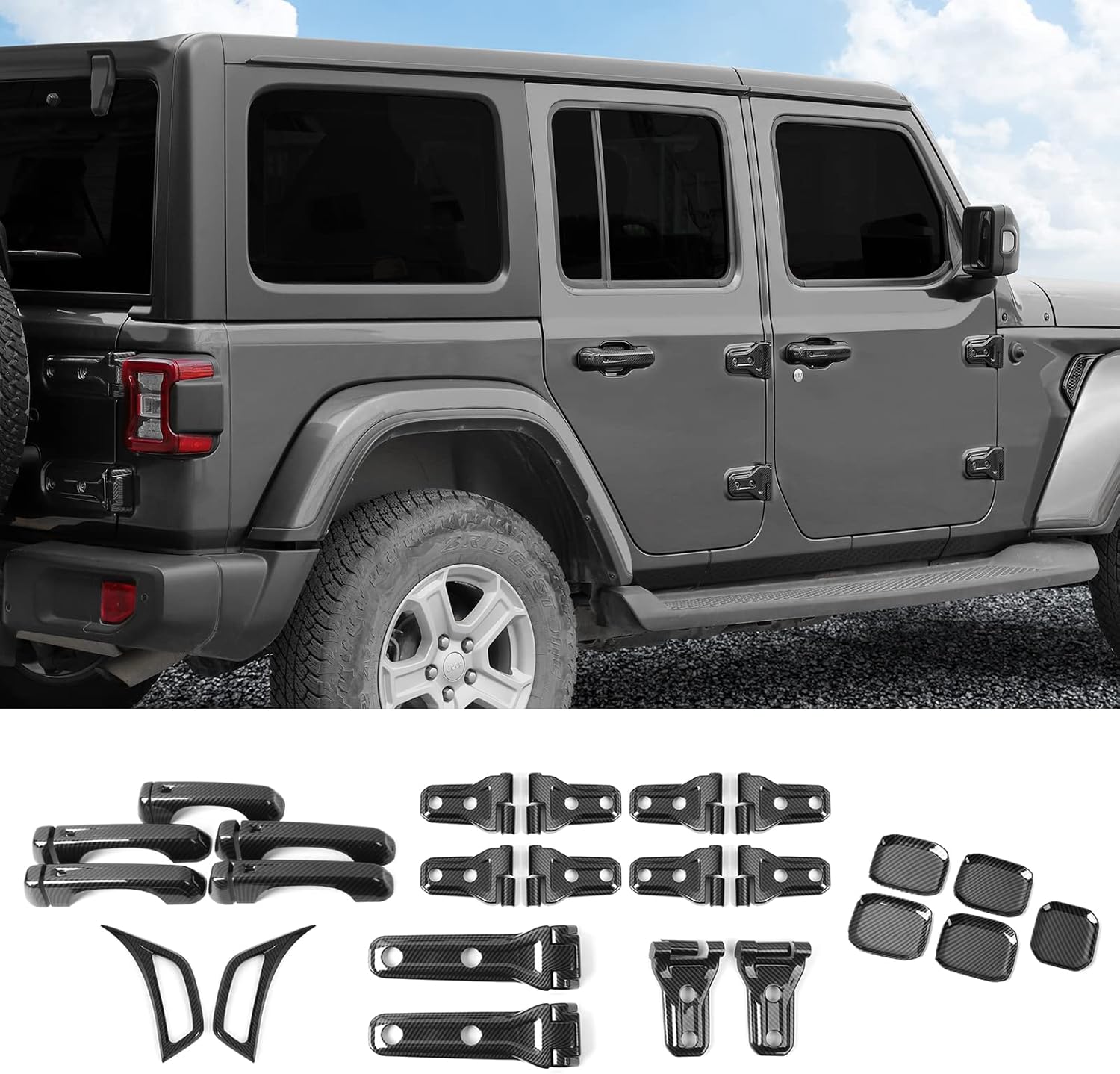 JeCar Exterior Trim Kits Door & Hood Hinge Covers Door Handle Side Vent Tailgate Hinge Trim Covers Exterior Accessories Compatible with Jeep Wrangler JL JLU 2018-2023 2/4 Doors, Carbon Fiber Finish