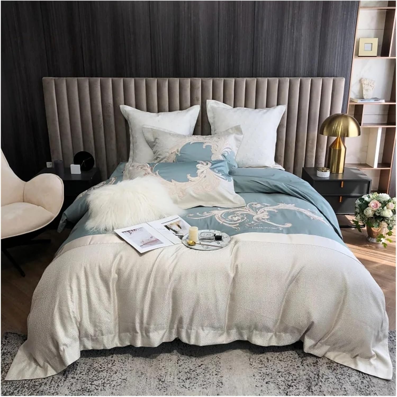Luxury Embroidery Bedlinen Bedding Set 1200TC Egyptian Cotton Duvet Cover Flat Sheet Pillowcases 4pcs,Bed