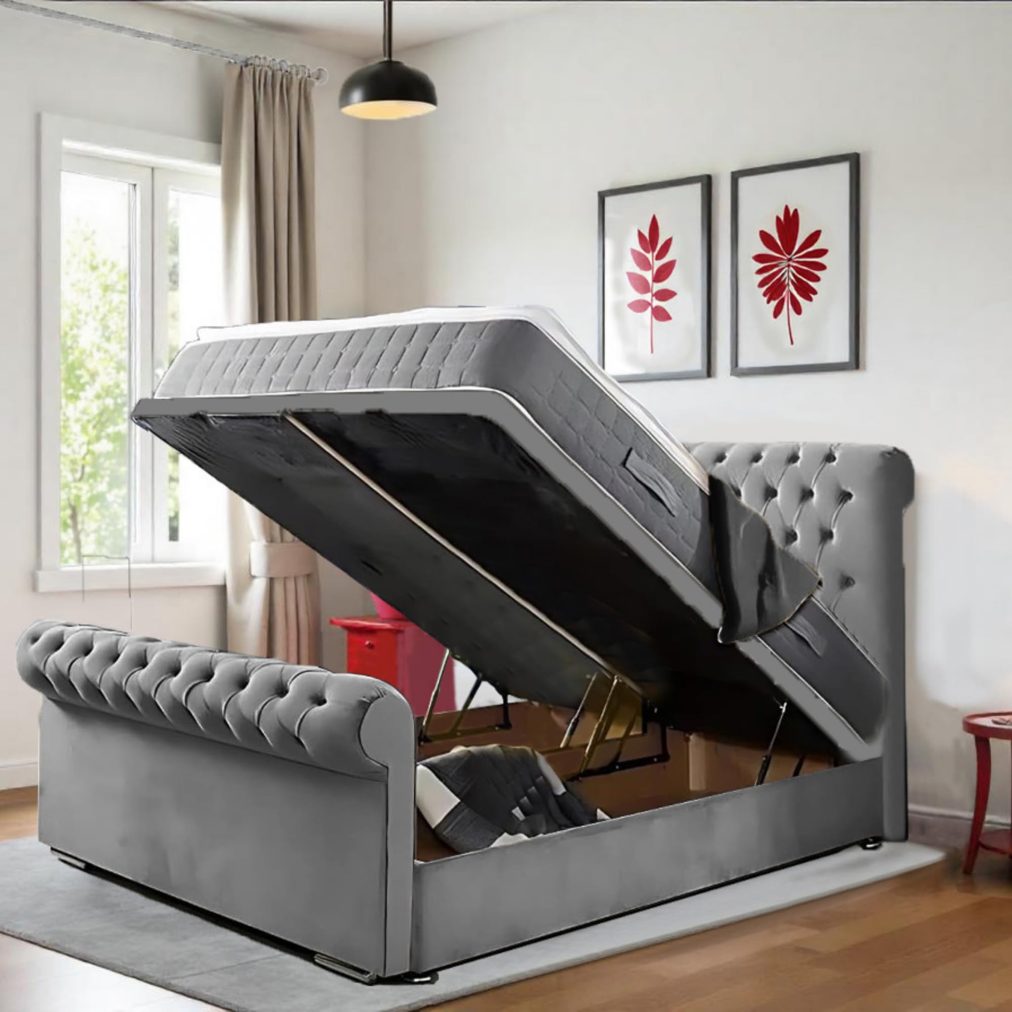 DECORE4U LTD - Luxury Grey Plush Velvet Ottoman Storage Sleigh Bed | 6FT Super King Size Bed with Matching Chesterfield Headboard & Footboard | Bed Frame with 10" Spring Memory Foam Mattress