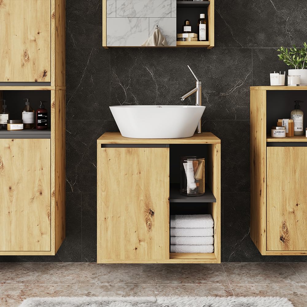 Vicco Mobiletto per lavabo Viola, Artigiano/grigio, 60 x 60 cm | con ripiani aperti, adatto per il montaggio sotto lavabi standard