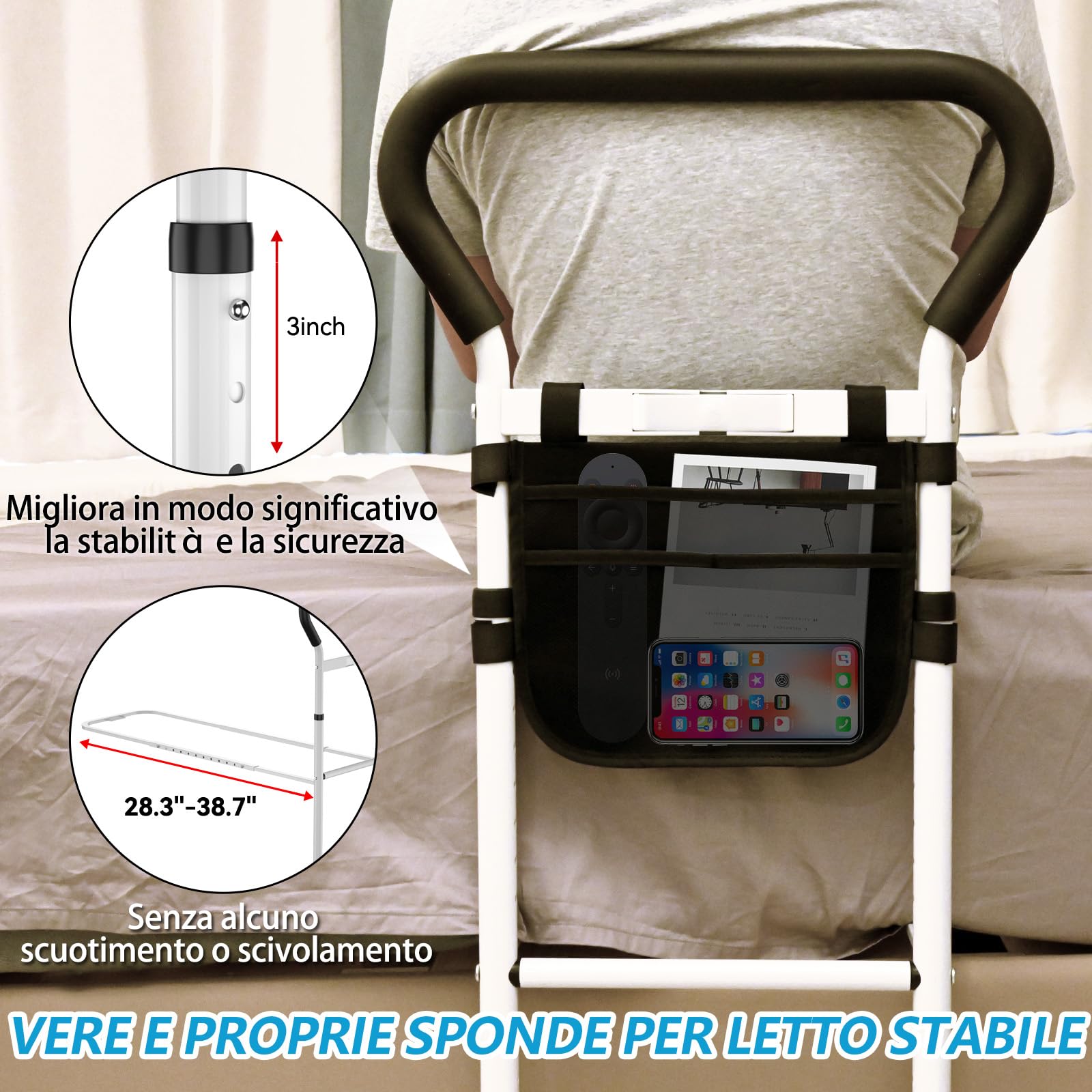 Sponda Letto Anziani Con Sensore Di Movimento Luce Notturna E Custodia Portaoggetti Sponde Letto Anziani Maniglia Per Barra Di Assistenza Anti-Caduta