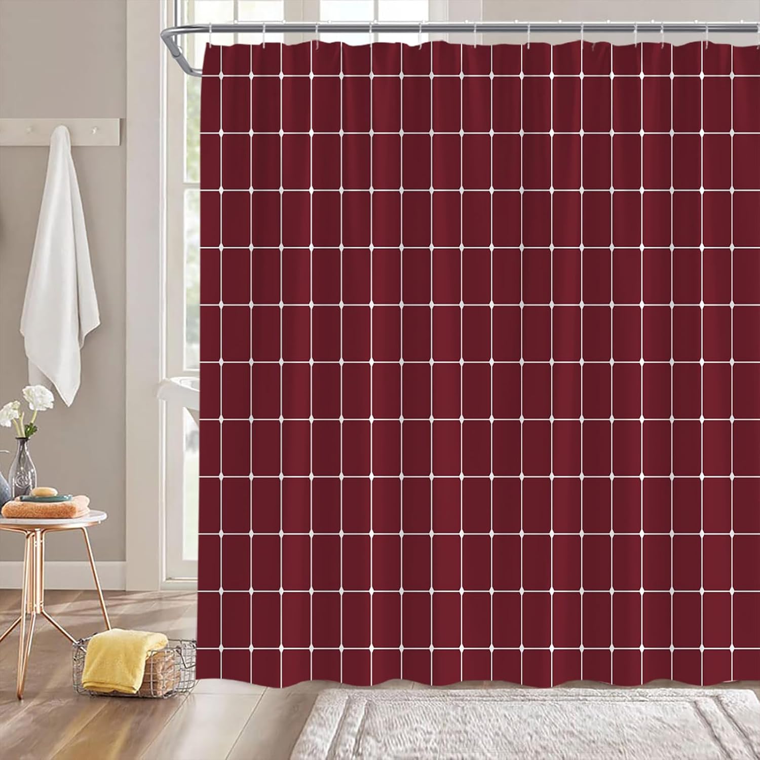 Burgundy Red White Grid Plaid Minimalist Extra Long Shower Curtain Geometric Line Simple Checkered Modern Fabic with Hooks for Bathroom Decor,70x78 Inch