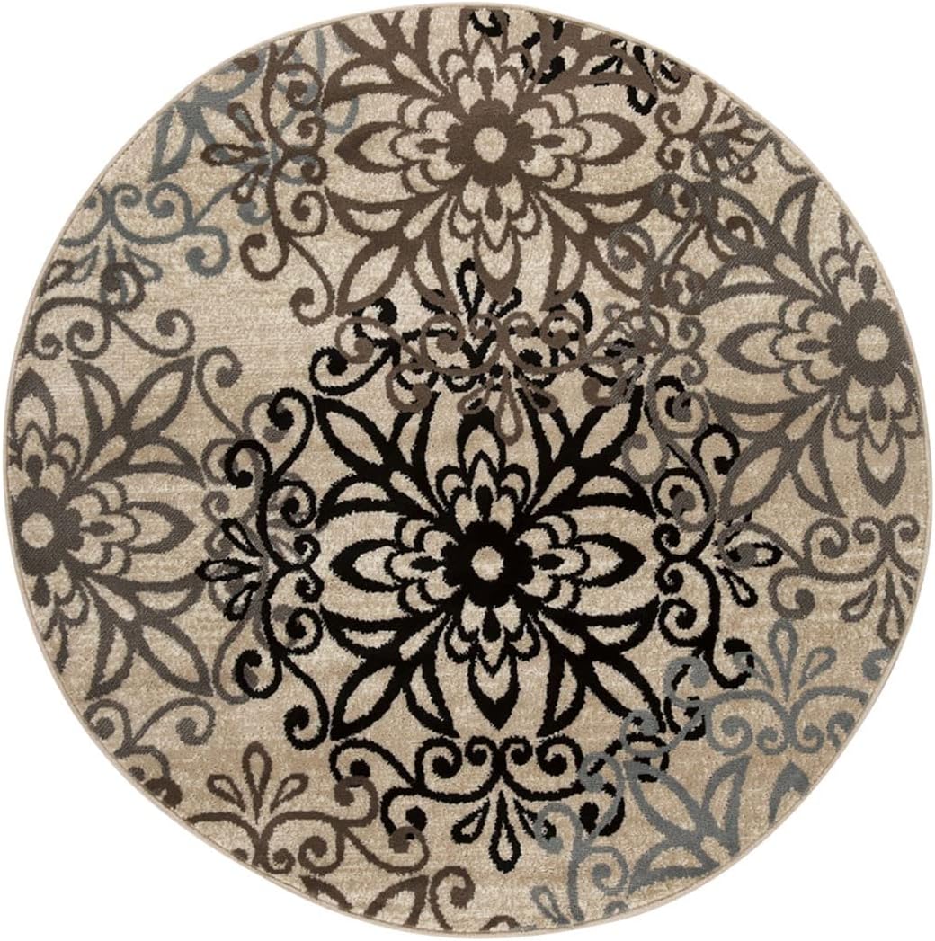 HomeRoots 5' Round Tan Gray and Black Round Floral Medallion Stain Resistant Area Rug