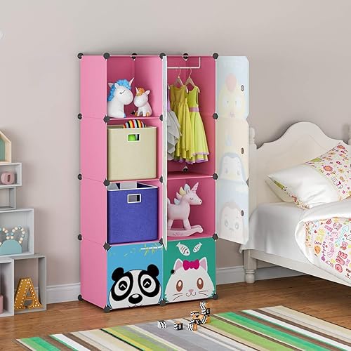 Miniatura 8 de MAGINELS Armario para niños, armario para bebés y niños con puerta, lindo almacenamiento portátil de cubos para ropa, tocador para dormitorio, rosa,