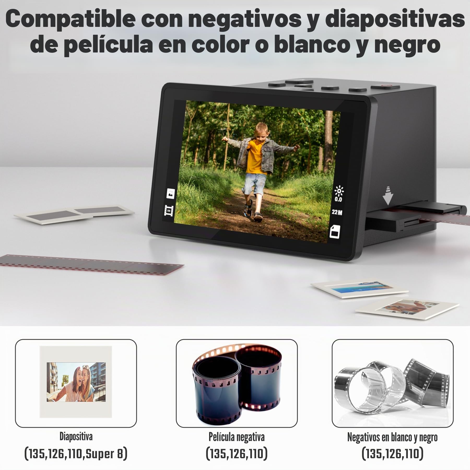 Escáner de Películas, Diapositivas y Negativos con LCD de 5 Pulgadas | Digitaliza negativos de 135, 126KPK y 110, diapositivas y películas Super 8 en JPEG de hasta 22 MP