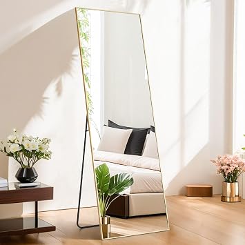 Mirror Full Length, 59"x16" Rectangle Full Body Mirror with Stand Aluminum Alloy Frame & Shatter-Proof Glass, Free Standing Leaning Floor Mirror Hanging Wall Mounted for Bedroom Cloakroom