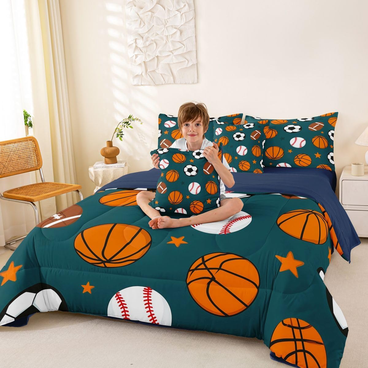 Castle Fairy Balls Comforter Set Full Size,Competitive Games Sports Pattern Teens Kids Bedding Set,Baseball Gaming Style Bed Sets,Teal Comforter 7Pcs with Fitted Sheet,Flat Sheet and Pillow Cases image 4