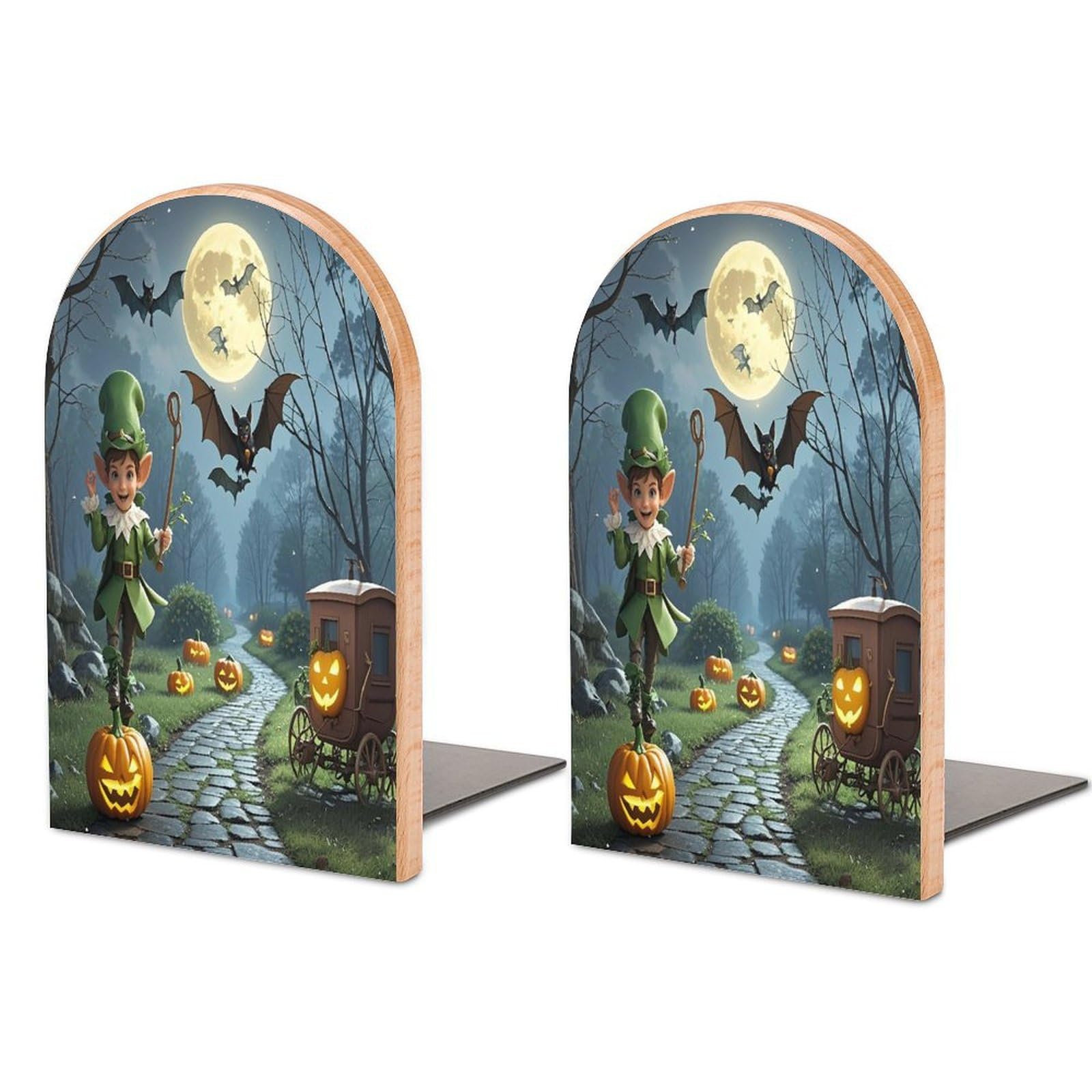 Elves and Bats Bookend for Shelves Unique Book End Sturdy Books Holder Heavy Duty Wooden Bookends Support Non-Slip Book Organizers Decorative Modern Bookend Holder for Home
