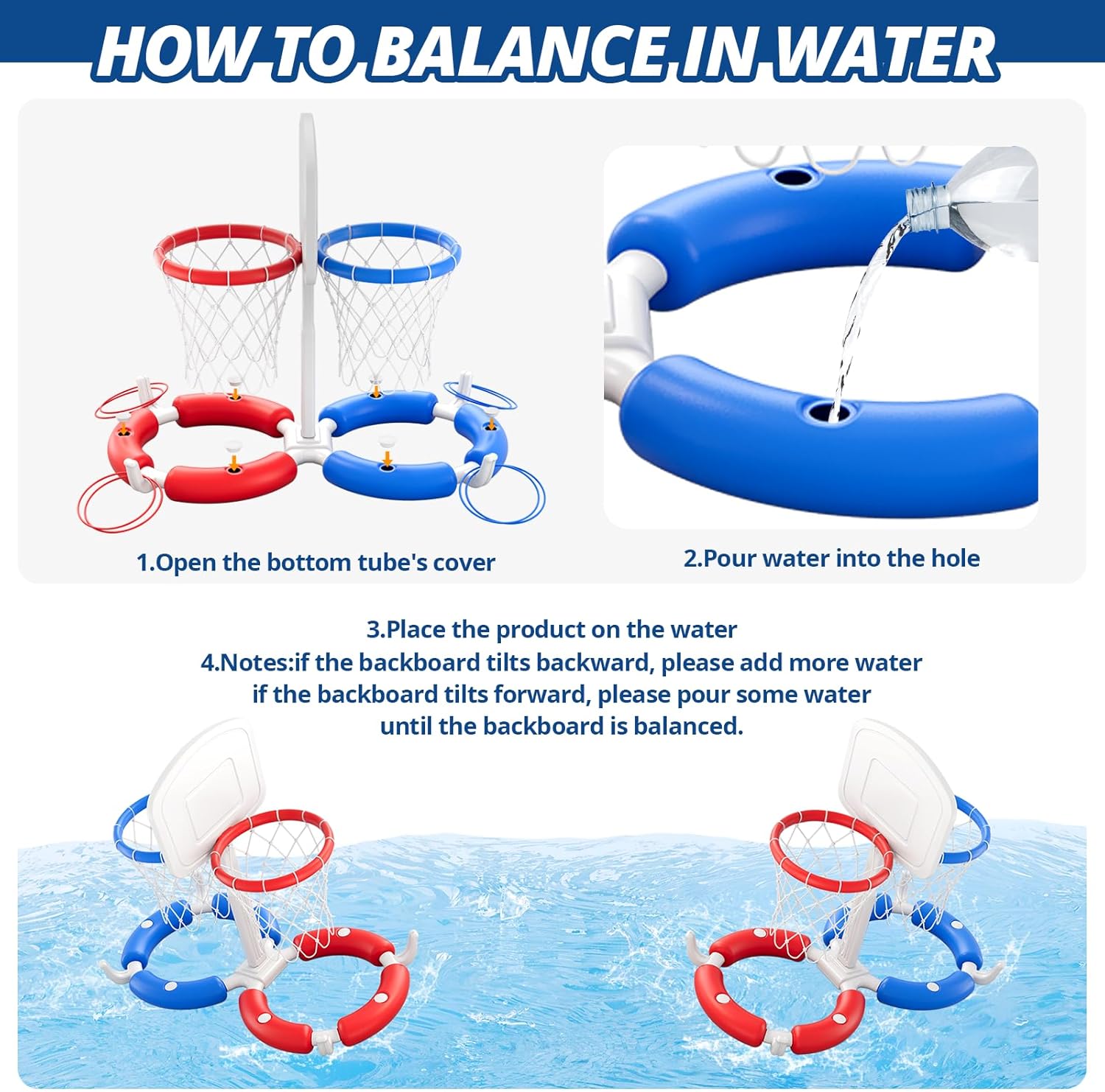 Double Pool Basketball Hoop with Backboard, 2-in-1 Floating Pool Toys Ring Toss Game, 2 Player Games Summer Outdoor Water Toys Gifts for Kids Ages 4-8 8-12 & Adults, Family Swimming Pool Party