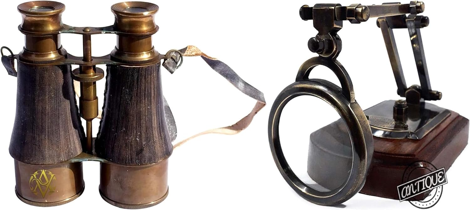 Marine Nautical Telescope Leather Cover Strap X Magnifying Glass with Wood Stand Reading Lens Nautical Home Office Gifts Décor