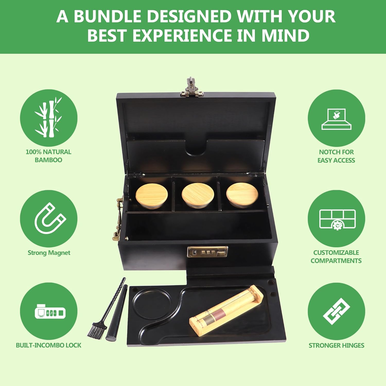 Bamboo Box with Combination Lock, Decorative Box with Handle, Large Storage Stash Box Set for Storage Tea, Coffee Bean etc, Lockable Stashbox Organizer Set as Great Gift Choice (Black)