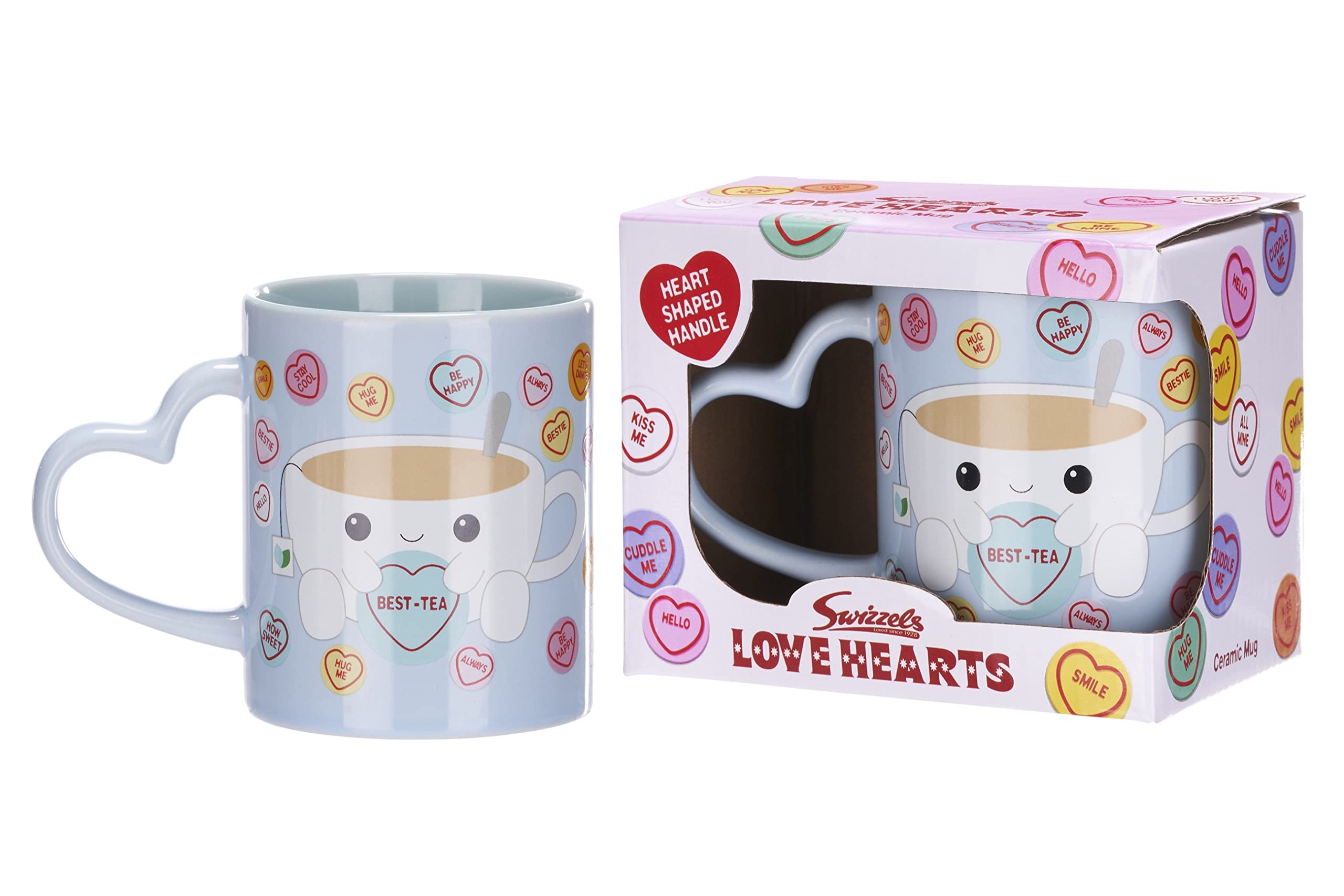Posh Paws Blue Swizzels Love Hearts 11Oz Tiffany Cup Of Tea Cup Best-Tea Heart Shaped Handle Ceramic Mug, 37751