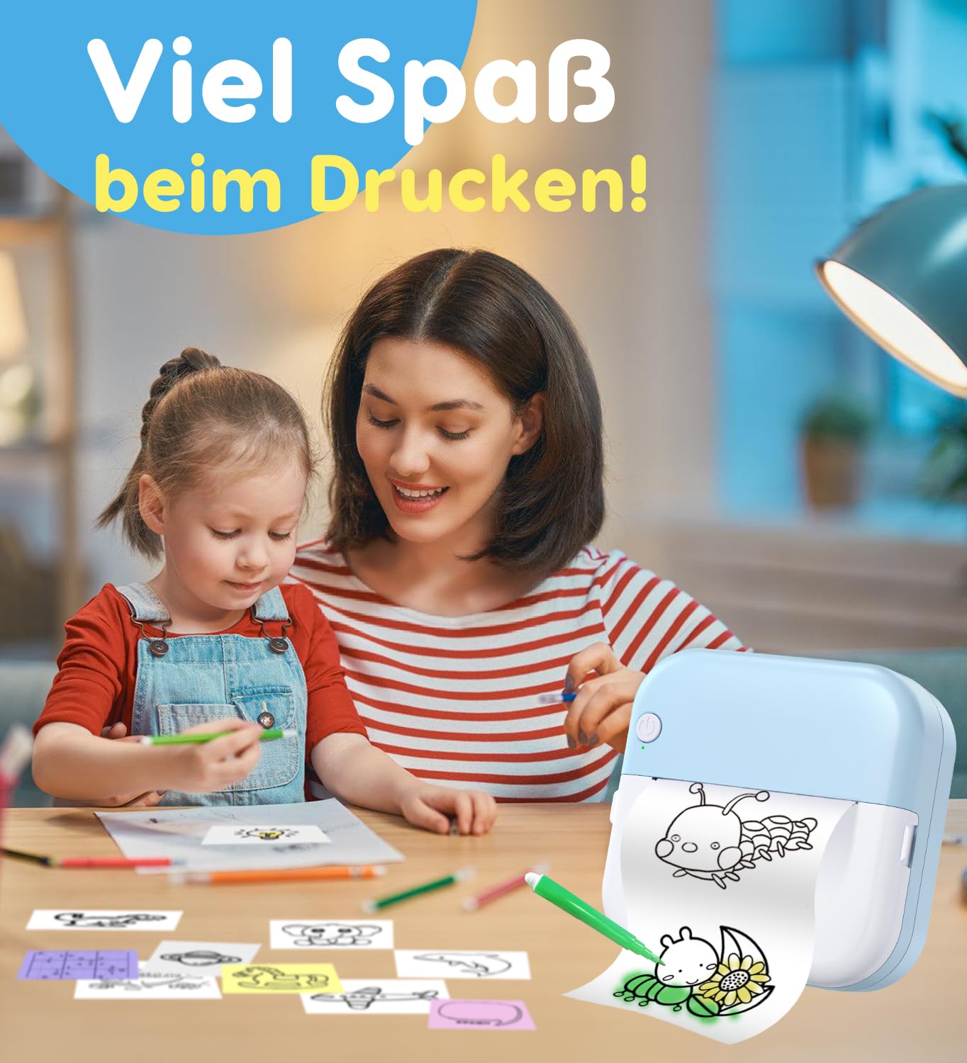 Korffe Mini Drucker für Smartphone with 7 Rollen Druckerpapier, Wireless Sticker Drucker Kompatibel mit Android & iOS, Tiny Printer Handy Drucker, Mini Belegdrucker für Lernnotizen, Notizen, Journal