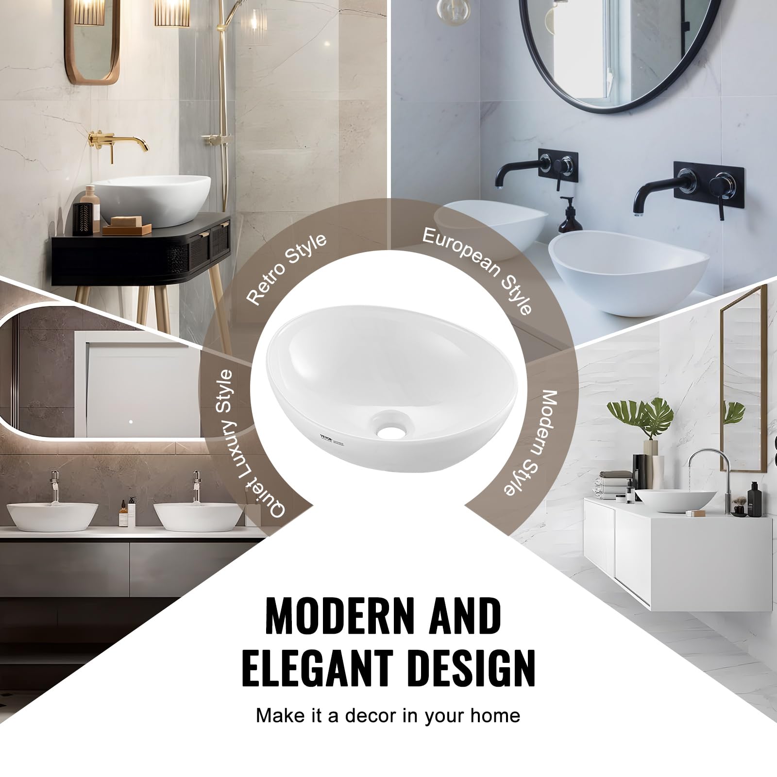 VEVOR Lavabo ovale, 409 x 341 mm, vasque à poser en céramique blanche au-dessus du comptoir, évier de style moderne, lumineux et élégant, bien emballé pour salle de bain, hôtel, toilettes, camping-car