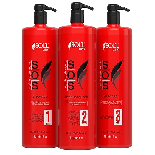 Kit SOS Tratamento Capilar Profissional Reconstrução Cauterização Antiemborrachamento Pós-Química Soul Care - Shampoo, Reconstrutor e Máscara (1l)
