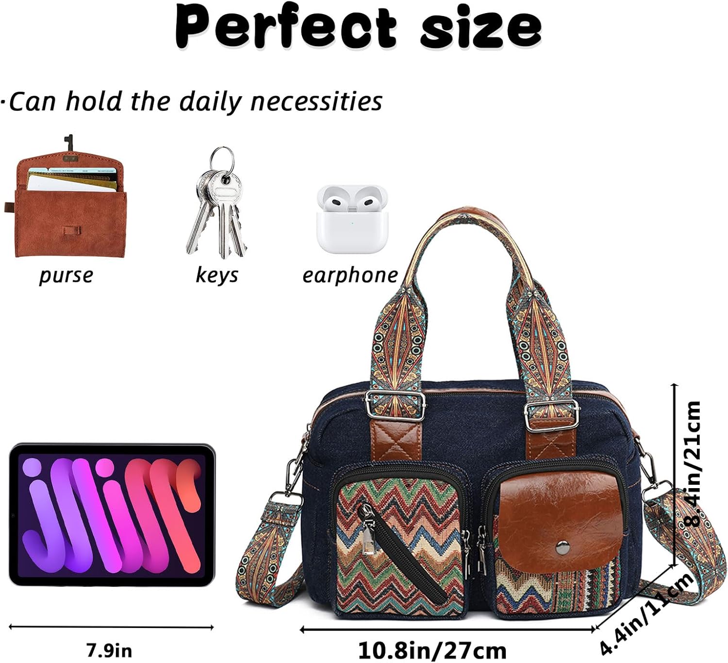 [JUNENTER] デニムクロスボディバッグ ボヘミアンスタイル カジュアルメッセンジャーショルダースタッズバッグ 小銭入れ 旅行