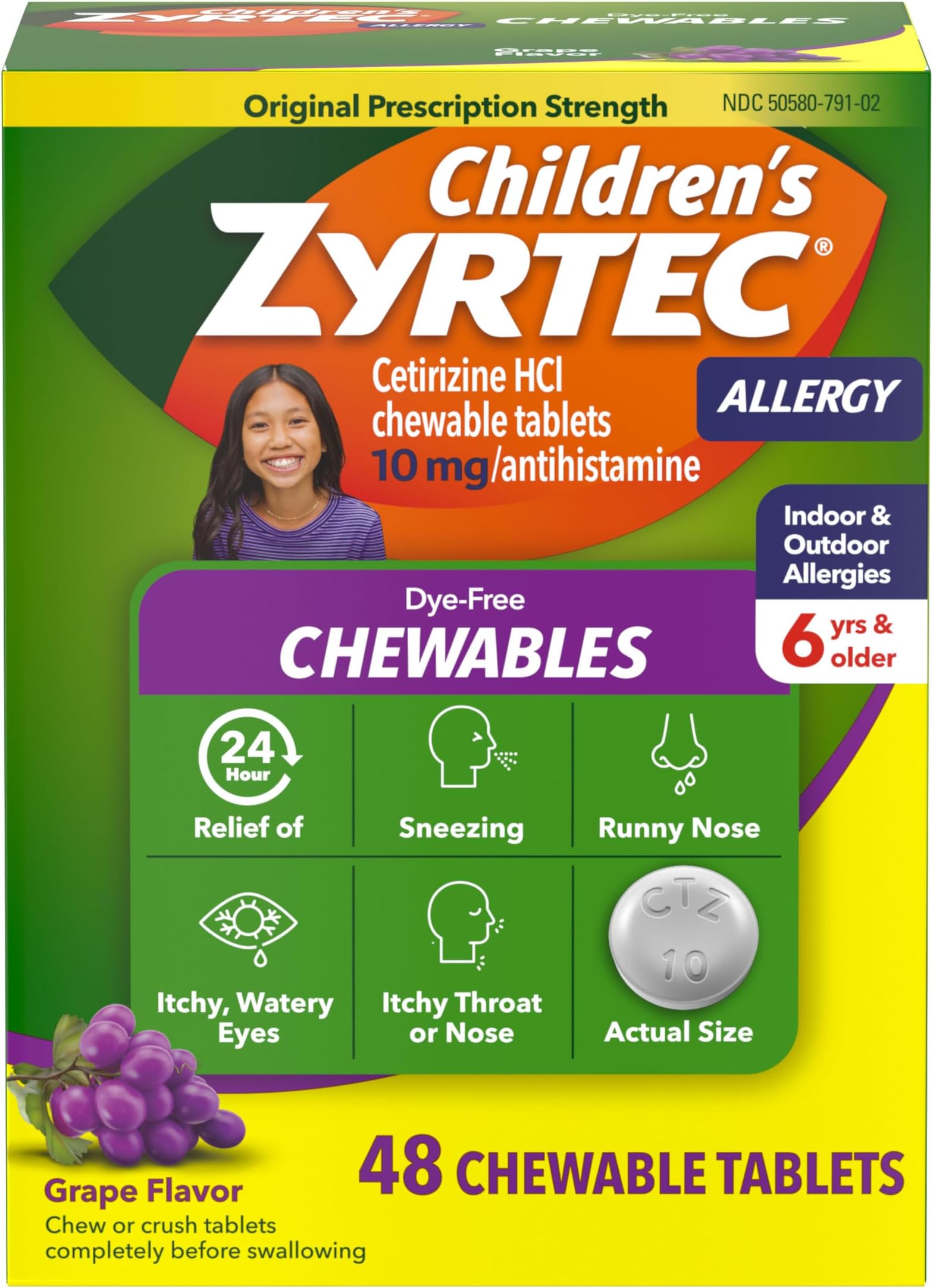 Children's Dye-Free Chewables for 24 Hour Allergy Relief, 10 mg Cetirizine Hydrochloride Antihistamine Tablets, Kids Allergy Medicine Relieves Sneezing & Itchy Throat, Grape, 48 ct