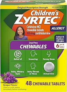 Zyrtec Children's Dye-Free Chewables for 24 Hour Allergy Relief, 10 mg Cetirizine Hydrochloride Antihistamine Tablets, Kids Allergy Medicine Relieves Sneezing & Itchy Throat, Grape, 48 ct