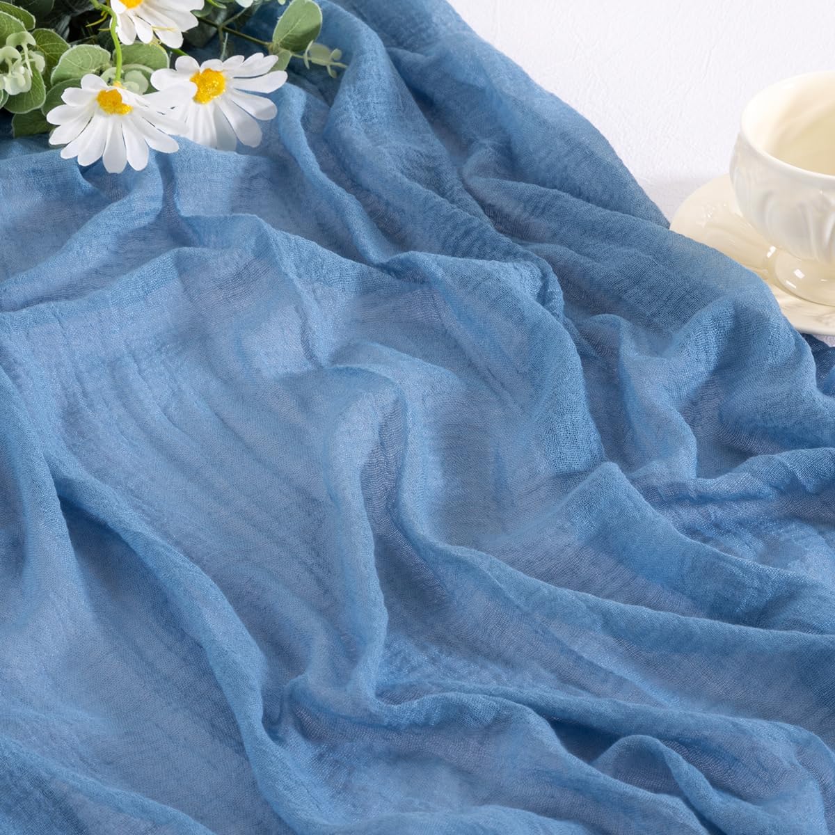 Santaben 4pcs Dusty Blue Spring Cheese Cloth Table Runner 120 Inch Soft Rustic Boho Gauze Cheesecloth Table Runner 10FT for Wedding Birthday Party