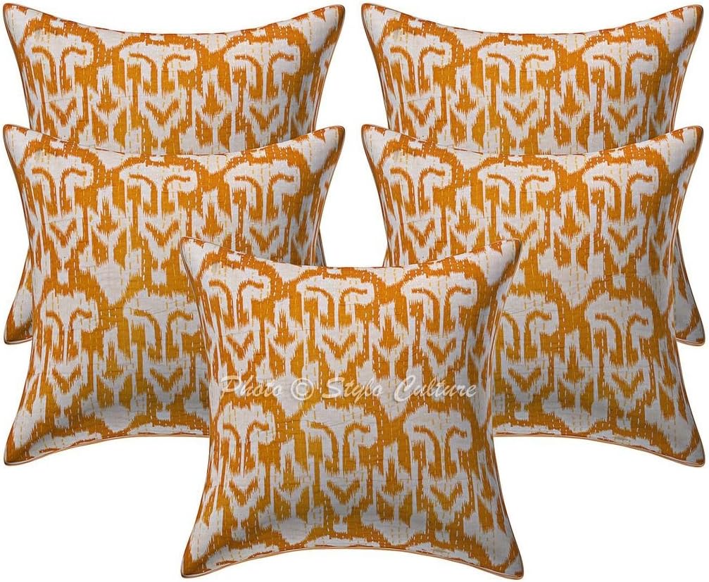 Ethnic Decorative Couch Sofa Toss Throw Pillow Cases 40x40 cm Cotton Hallway Decor Mustard Yellow Ikat Printed Kantha Square Luxury Envelope Bohemian 16x16 Inch Cushion Covers - 5 Pcs