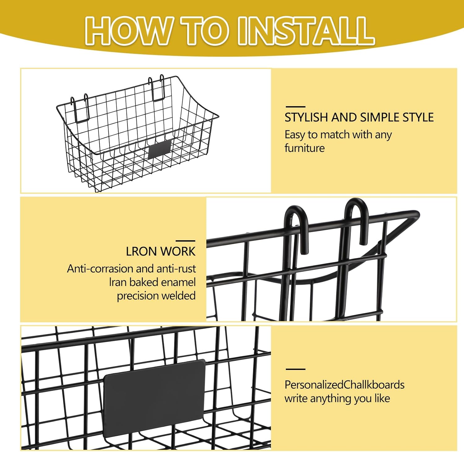 4 Pack Black Grid Wall Baskets, 12 x 6 x 5.1 Inch Metal Wire Wall Basket with Hooks Label Hanging Basket Accessory for Vendor Trade Shows, Kitchen, Bathroom, Pantry Storage