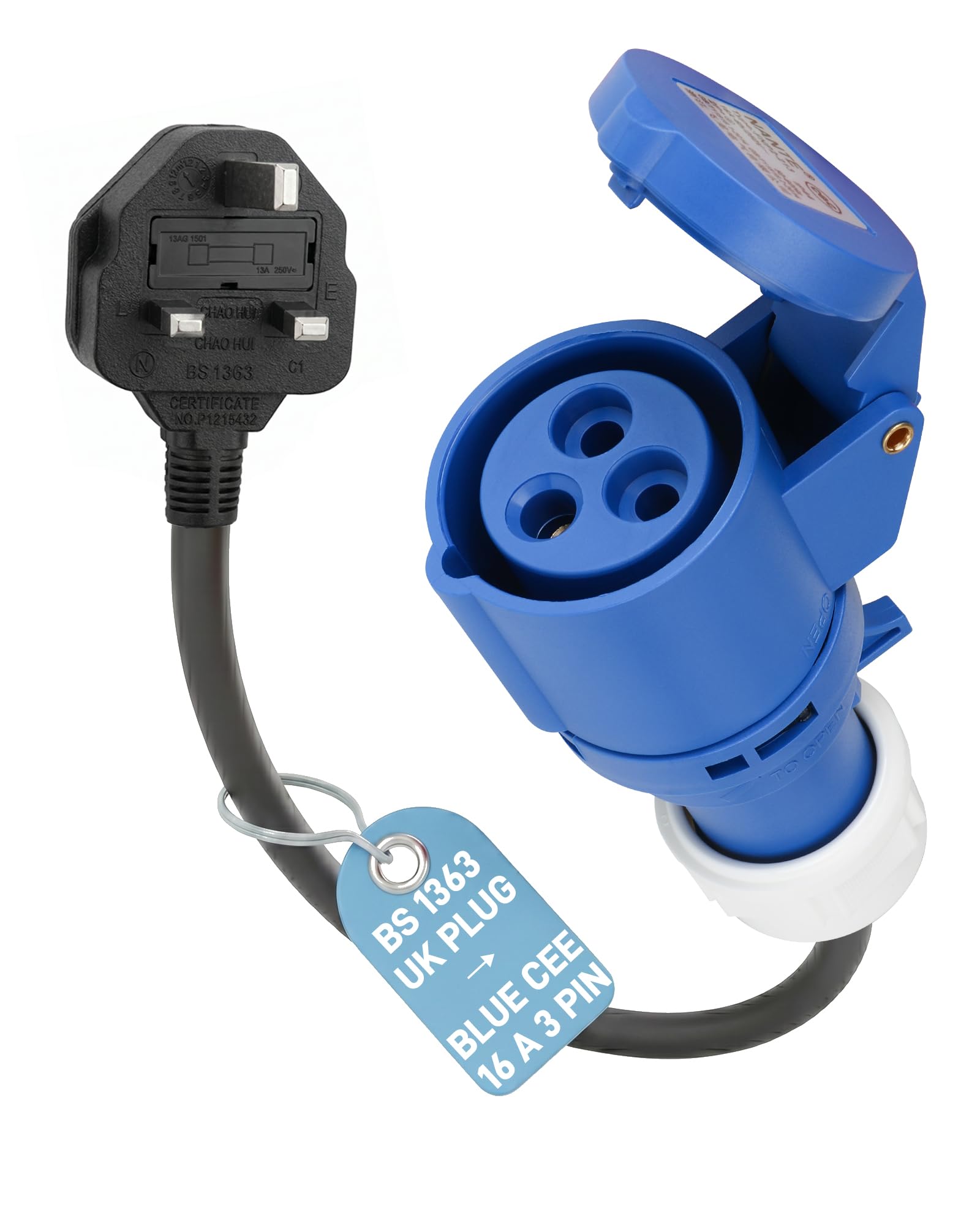 CEE-Adapter (UK-13-A-Stecker auf Blaue CEE-16-A-Kupplung, 3-polig) | CEE-Adapterkabel 3G2,5 mm², 0,5 m / 230 V/max. 13 A | für Mobile Wallbox, EV-Ladegerät, Camping und Caravan