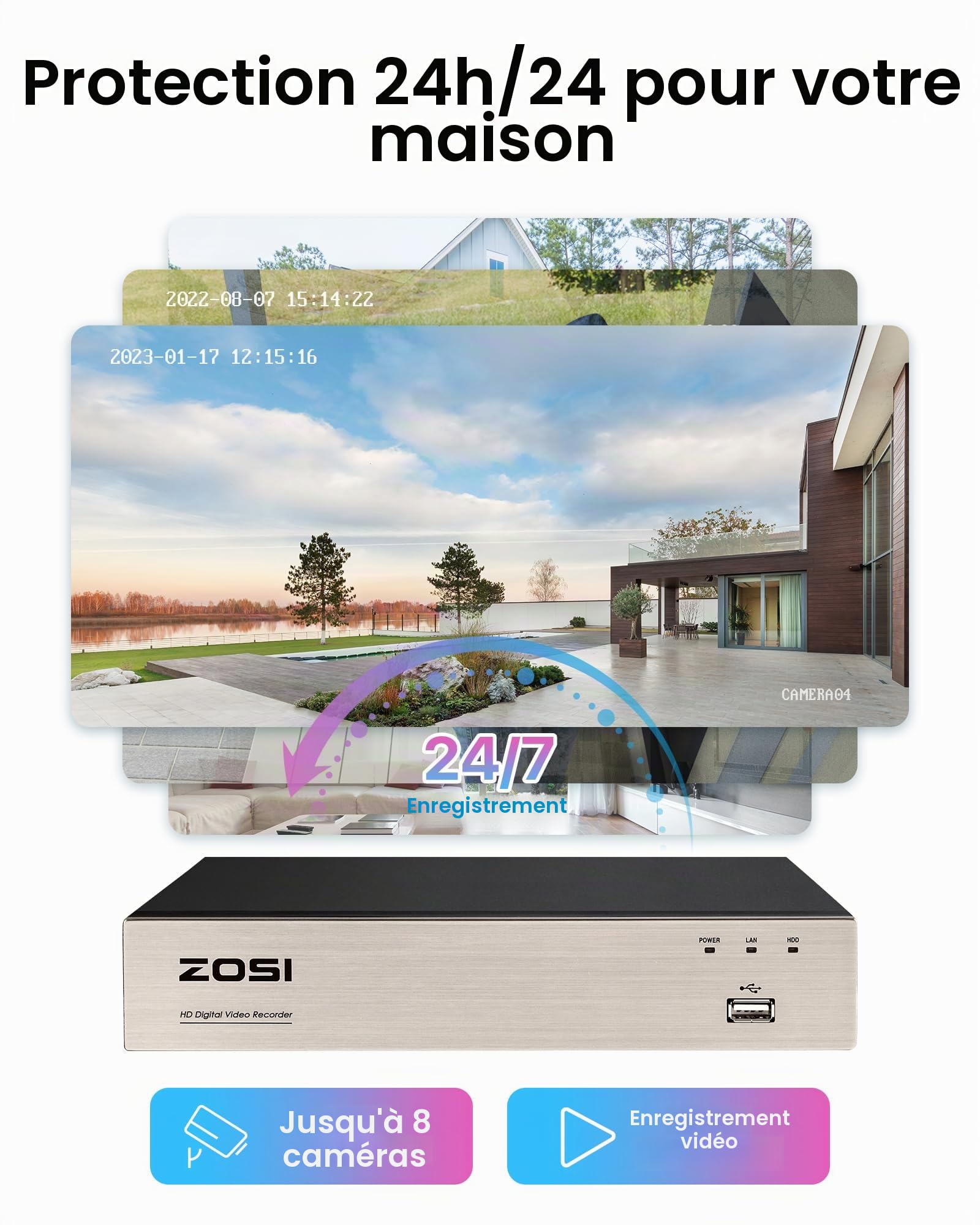 ZOSI H.265+ 8CH 5MP Lite DVR 1TB Kit Vidéo Caméra Extérieure 1980TVL IP66 | Détection IA Personne et Véhicule Alerte Instantanée via APP Gratuie Enregistrement 24/7 Vision Nocturne 24m Angle de Vue 90°