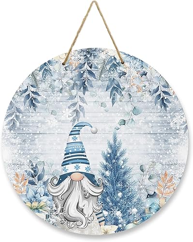 Seasonal Front Door Welcome Sign, Merry Christmas Tree Gnomes Poinsettia Berry Eucalyptus Leaves Vintage Round Wood Wreaths Wall Hanging Sign for