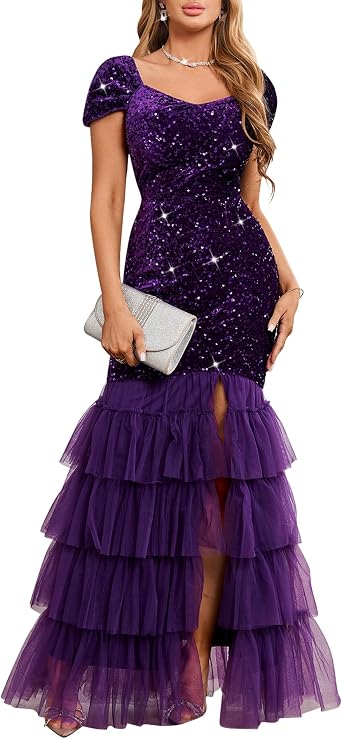 dasmzper Womens Sequin Evening Gown Elegant Off Shoulder Formal Party Dress with Ruffle Tulle Hem