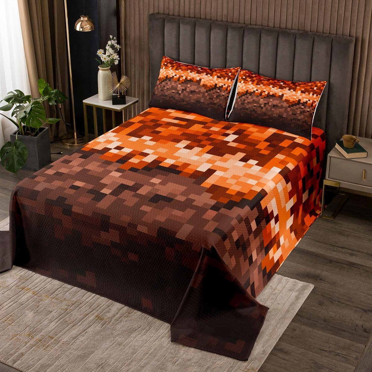 Manfei Pixelated Kids Bedspread Queen Size,Patchwork Grid Video Games Coverlet Set,Girls Boys Room Decor,Miners Lattice Geometric Quilted Coverlet,Green Bedding Quilt,2 Pillowcases