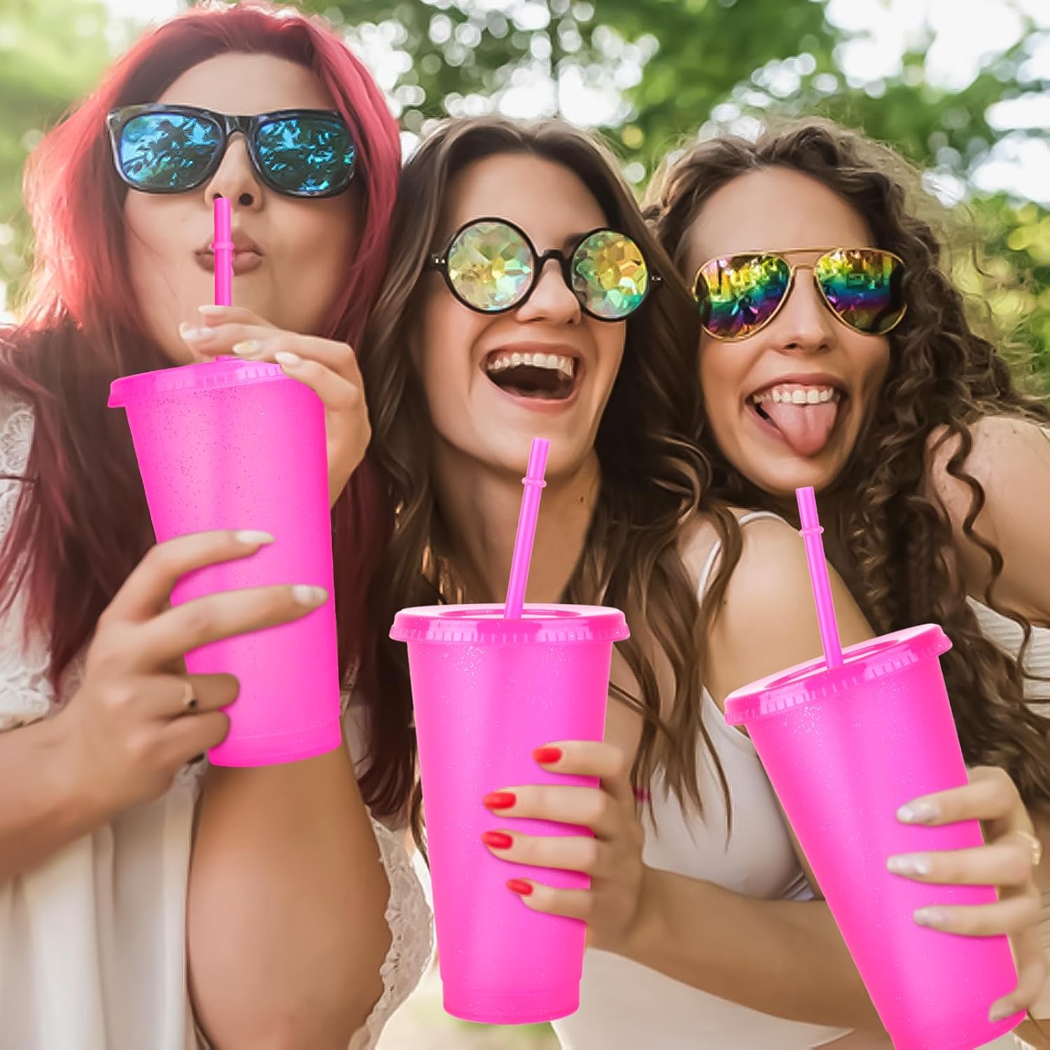 Hooqict 7 Pack Reusable Cups with Lids and Straws 24 oz Glitter Plastic Tumbler Water Iced Coffee Travel Mugs Hot Pink Party Favor Cups for Smoothie Juice Beach Birthday Bachelor Girls Princess Party - Image 7