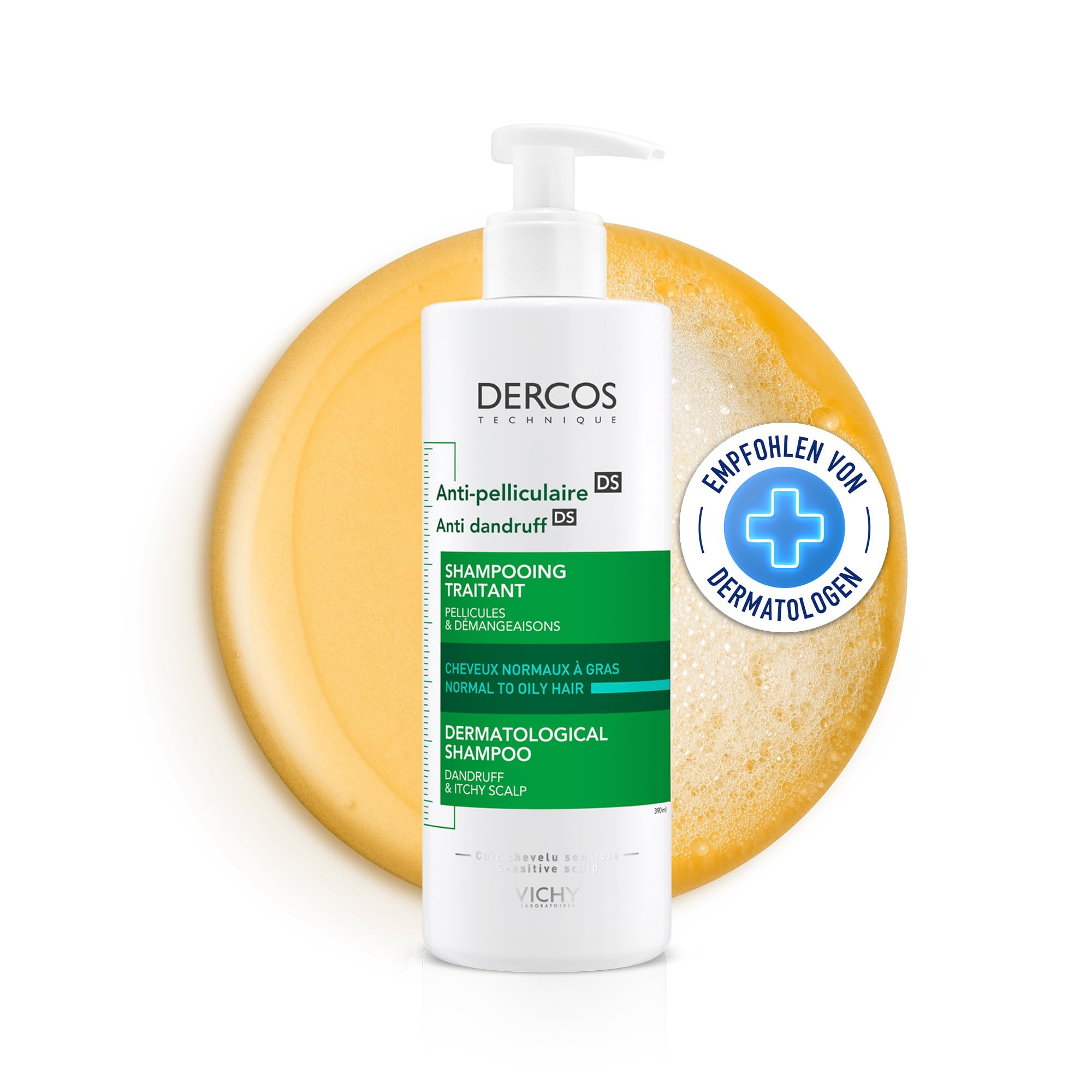 VICHY Anti-Schuppen-Shampoo, Für normales bis fettiges Haar, Juckreiz-mildernd und hydratisierend, Mit Salicylsäure, Selendisulfid und Vitamin E, Dercos Advanced Action Anti-Schuppen, 390 ml