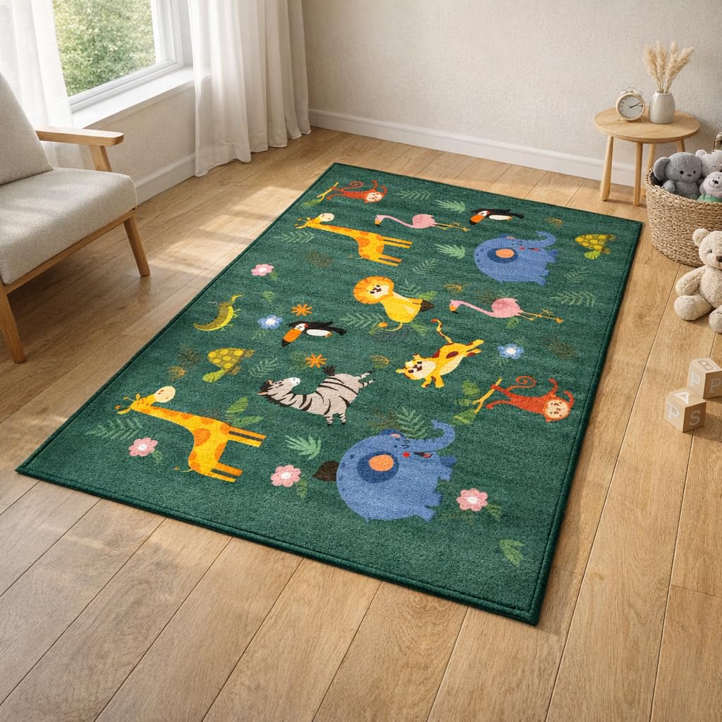 Kids Play Area Rug | 100x150 cm | Green Jungle Animal Design| Soft Nylon Loop Pile Carpet with Anti-Slip Backing | Children’s Play, Bed & Classroom Floorings-image-10