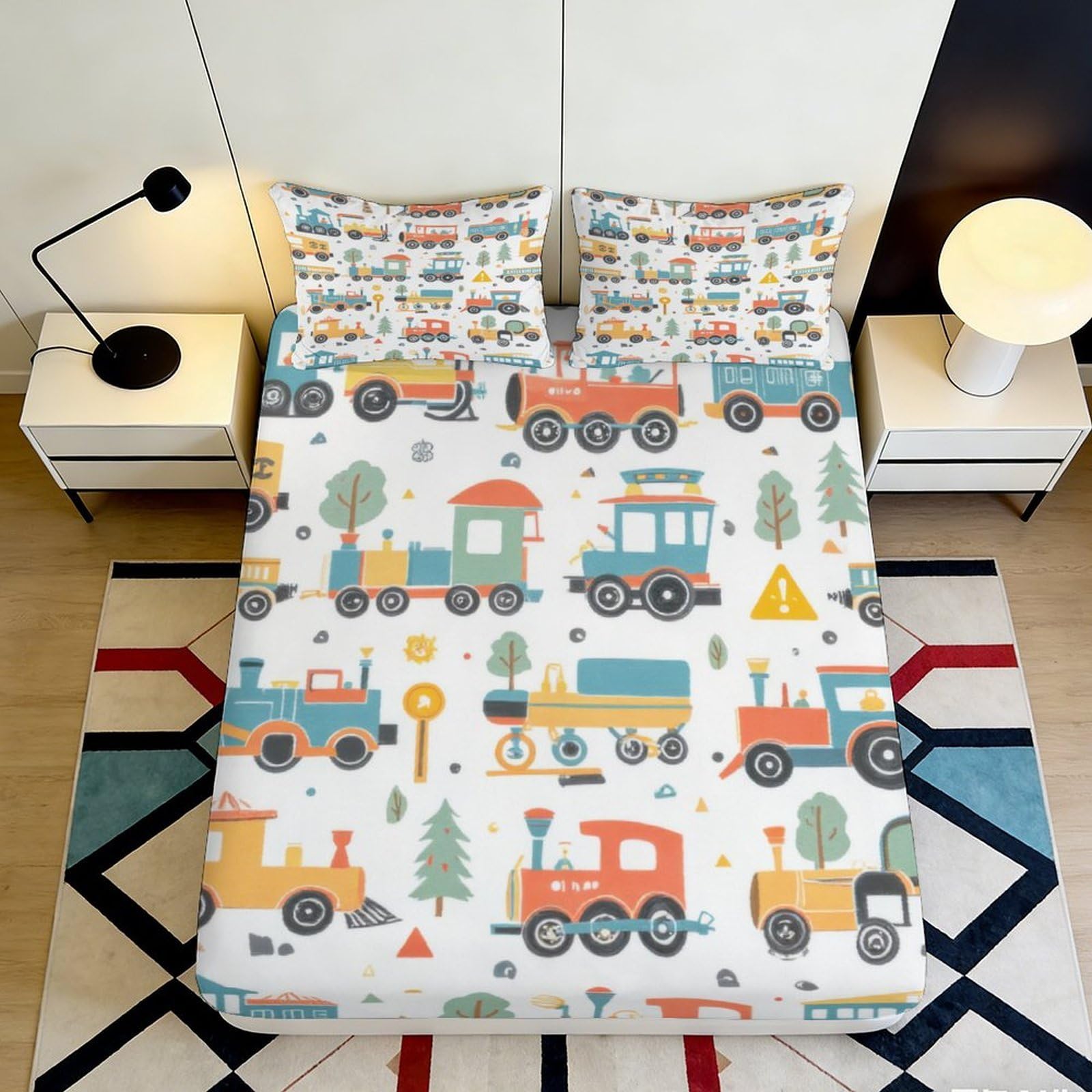 3D Printed Cartoon Train Fitted Sheet Microfiber Soft Bedroom Decor Locomotive Mattress Cover for Home Guest Room 90x200x25cm