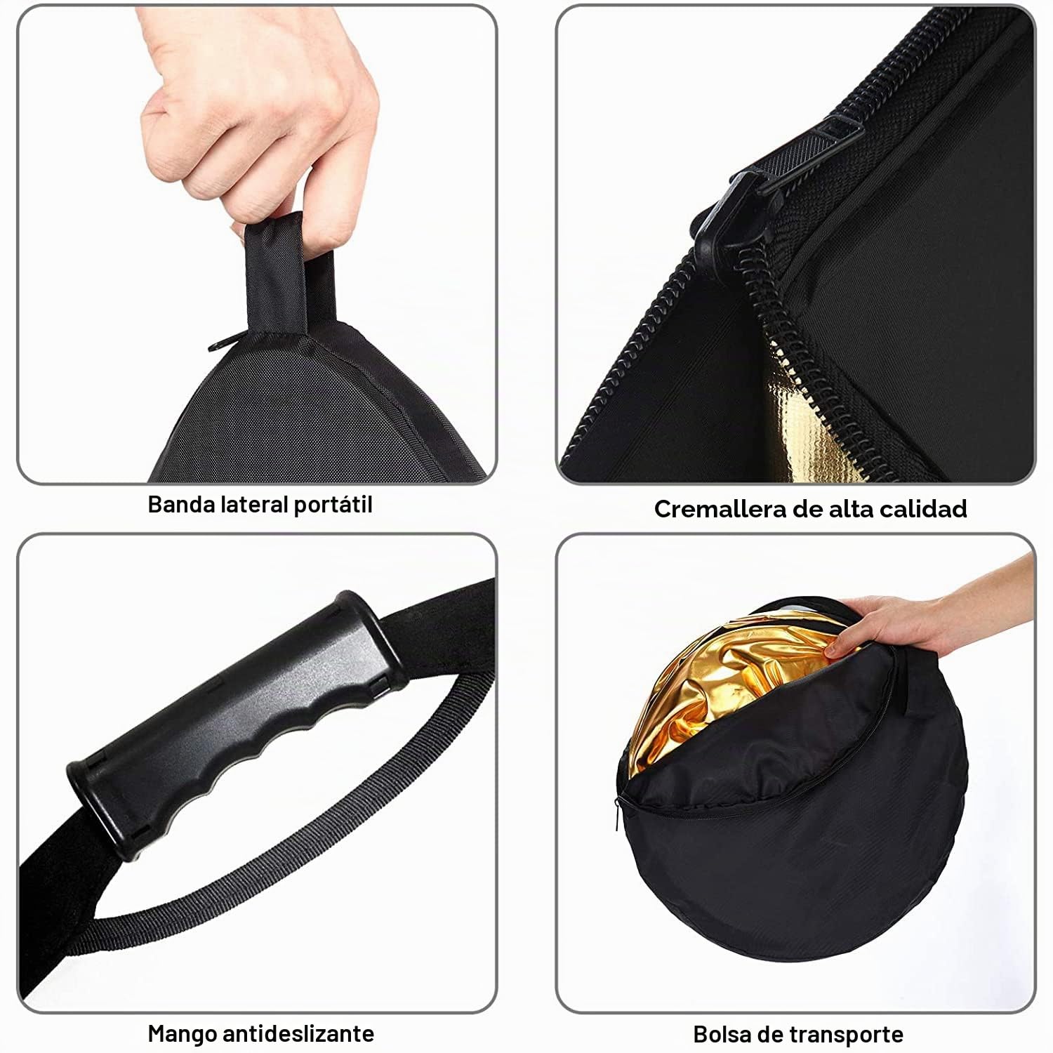 Selens 110CM 5 en 1 Reflector de Luz Redondo Plegable Portátil con Asa Iluminación Estudio Fotográfico Fotografía Al Aire Libre, Color Negro, Blanco, Oro, Plata, Translúcido