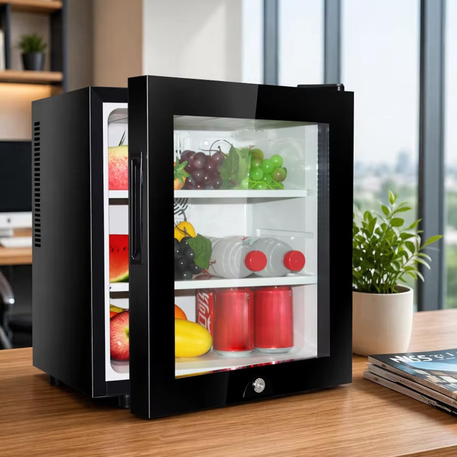 Nevera Pequeña Portatil Eléctrica Puerta Cristal, Mini Nevera Silenciosa para Casa Y Oficina, Frigorificos Pequeños Refrescos, Cervezas, Estantes Extraíbles, Minibar 10-15°c 30L