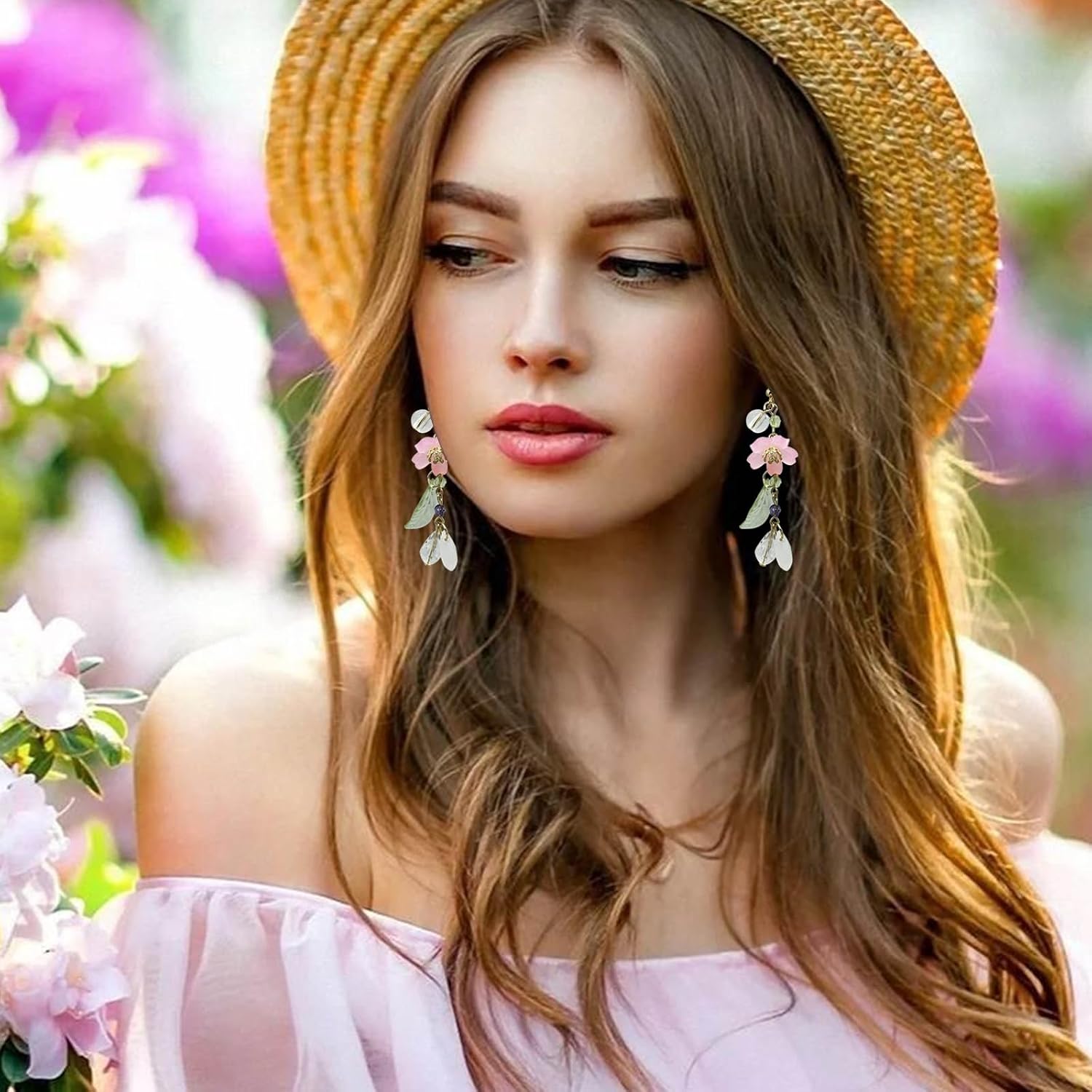 Pink Flower Earrings Spring Pink Cherry Blossom Flower floral Dangle Earrings for Women image 2