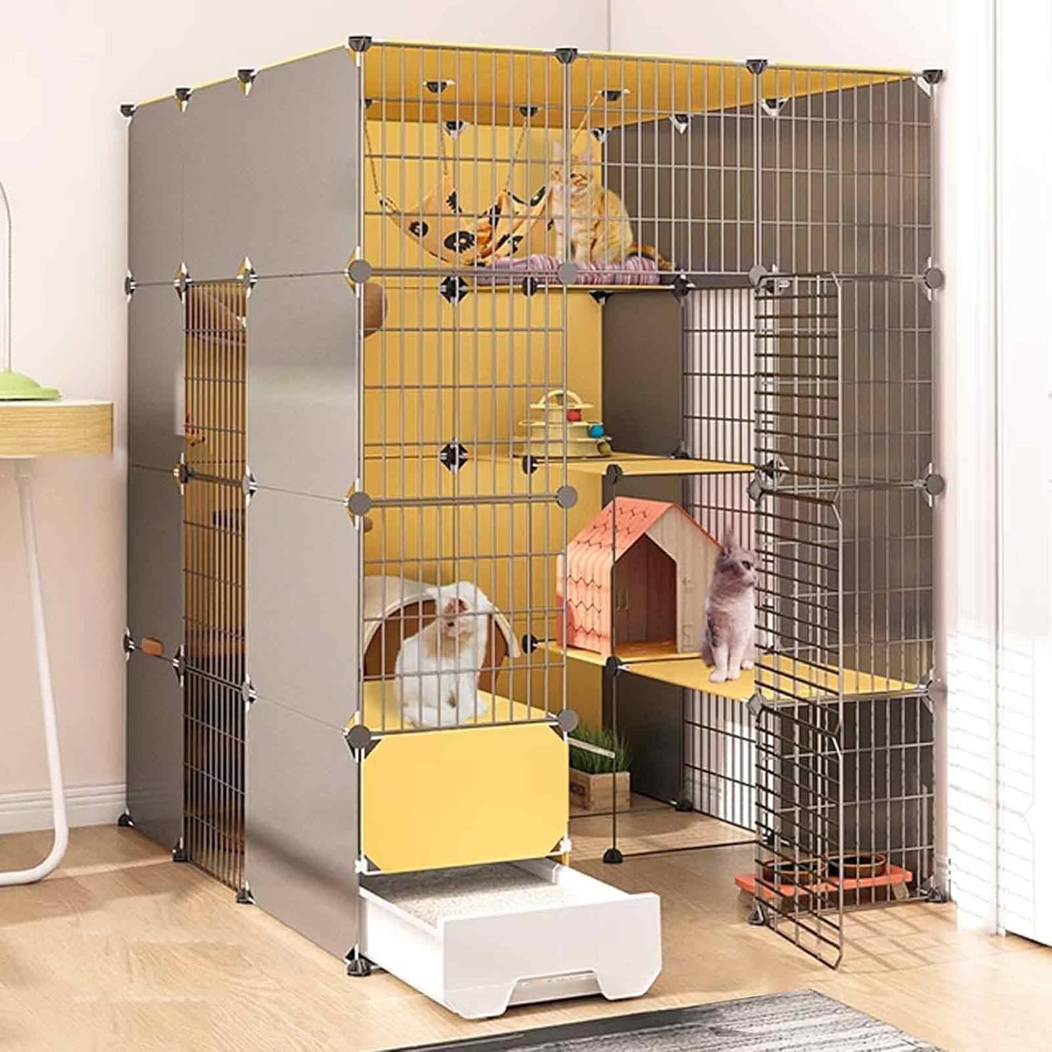 Large Indoor Cat Cages with Litter Box, Detachable Pet Cage, Kitten Fence with Roof, Super Load/Set of 6 Pieces/111 * 141 * 183Cm,6-Piece Set-75 * 141 * 147Cm