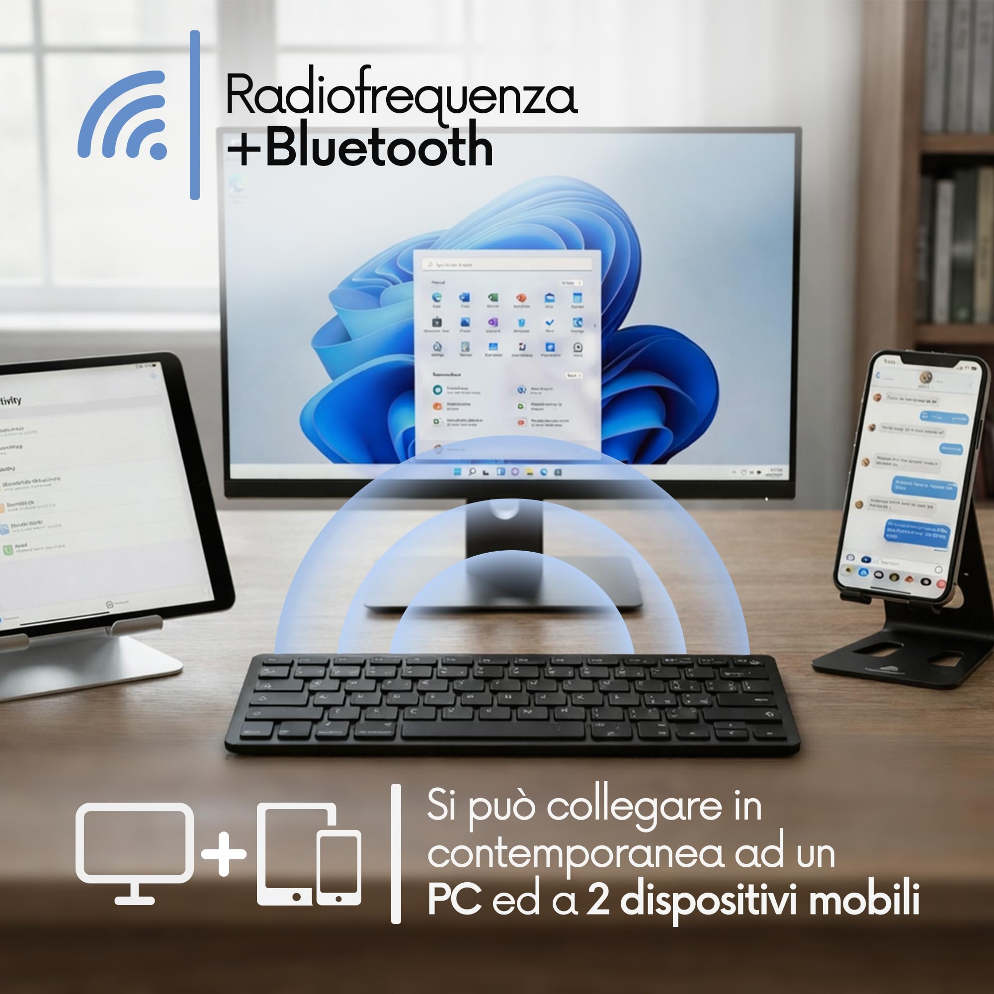 Atlantis ARGO 900 Mini Ultraslim klawiatura bezprzewodowa RF + Bluetooth, QWERTY 78 klawiszy czekoladowych do PC/notebooka/smartfona, tabletu/iOS/Android, kolor czarny